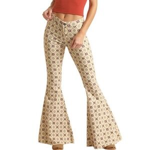 Rock & Roll Denim Bell‎ Bottoms Womens 24 Cream Aztec Print EUC High Rise Flare